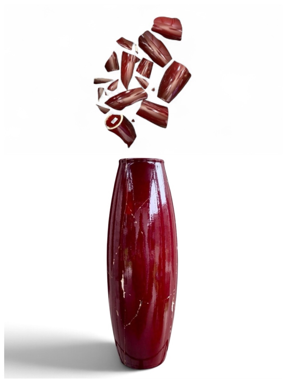 Kintsugi Vase 20“ Oxblood Torpedo German Gold Crack Art Growth Anniversary Gift